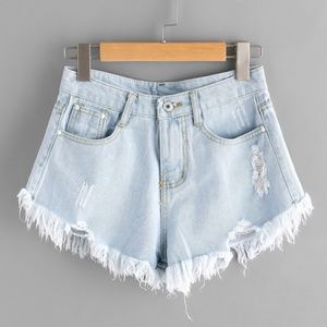 SHEIN Bleach Wash Ripped Frayed Hem Denim Shorts